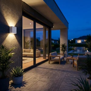 May include: A rectangular white wall-mounted light fixture attached to a dark stone exterior wall, emitting a bright, dual-directional beam of warm light that illuminates the textured surface above and below the fixture at dusk.