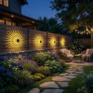 Puede incluir: Escena de jardín nocturna con luces de pared decorativas en una valla de madera. Las luces proyectan un patrón de rayos de sol. Un camino de piedra conduce a una zona de estar con sillas y una pequeña mesa. La vegetación y las luces de hadas realzan el ambiente.