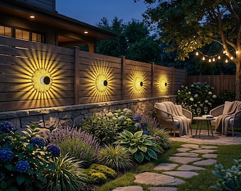 Juego de luces solares de pared con diseño de peonías / Lámpara decorativa para jardín exterior / Lámpara de jardín hueca de hierro con diseño floral / Iluminación para patio, valla, porche y fiestas
