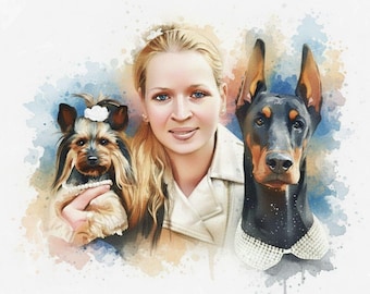 Custom Watercolor Pet & Owner Portrait – Personalized Digital Art (Digital Download)