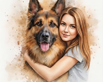 Retrato personalizado de mascota y su dueño en acuarela, arte digital personalizado (descarga digital)