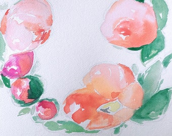 sweet soft coral magenta peonies flower painting PEONY WREATH PAINTING 9 x 12 watercolor floral painting. peach