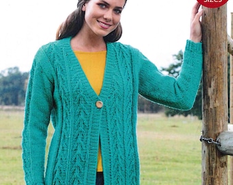 Woman's cardigan- v neck- cable front one button fastening- chunky-12 ply bulky cardigans~ fits 32 - 54" chest- download knitting pattern