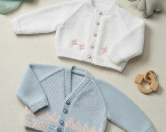 Easy Baby Cardigan Knitting Pattern – V Neck, Round Neck, 4ply Wool (PDF Download)