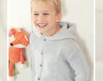Child's cable-&  rib hooded jacket  button or sweater style boy- girl- knitting pattern  dk 8ply light worsted instant download-18-28" chest