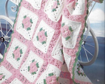 Vintage Rosebud Granny Square Afghan Crochet Pattern – Baby Blanket (PDF Download)