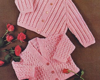Girl's baby jacket cardigans-  eyelet lacy design textured- 18" - 24"  dk 8 ply light worsted knitting pattern download pdf