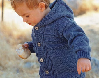 Child's easy cable cardigan-& hooded jacket boy- girl- knitting pattern -aran(worsted weight) instant download-18-28" chest