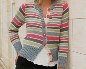 Striped Cardigan Knitting Pattern – Round Neck, Tunic Sweater, DK 8ply (PDF Download)