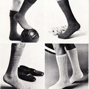 May include: A monochrome collage displaying four pairs of socks. The socks are in various styles and colours, including cable knit, ribbed, and open weave designs. One image includes a football, and another shows a pair of black shoes.