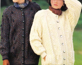 Ladies aran raglan long length cardigan aran 10 ply worsted wool - fits 32-42" chest. knitting pattern instant download- has pockets