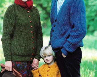 Chunky ribbed cardigans 26" - 42" chest knitting pattern- v neck or round neck with pockets chunky bulky 12 ply wool pdf download-quick knit