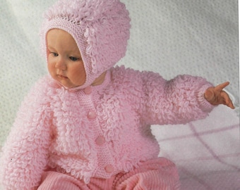 Baby easy loopy cardigan-hooded jacket~ cardigan & hat 2 to knit in dk 8ply light worsted  download pdf knitting pattern