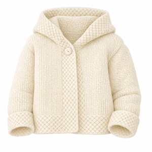 Könnte beinhalten: Cremefarbene Kapuzenjacke mit einem einzelnen Knopfverschluss. Die Jacke hat ein Steppmuster auf der Kapuze, den Manschetten und dem Mittelteil sowie einen strukturierten Strick am Körper. Ein gemütliches Oberbekleidungsstück.