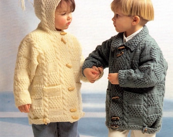 Childs easy aran patchwork duffle coats  optional collar or hood 20"- 30" chest  baby children knitting pattern download pdf