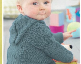 Child's cable-&  rib hooded jacket  button or sweater style boy- girl- knitting pattern  dk 8ply light worsted instant download-18-28" chest