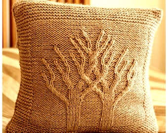 Tree of life pillow cushion cover 14" x 14" & 18" x 18" - aran and bulky chunky 12 ply (see description) knitting pattern pdf download