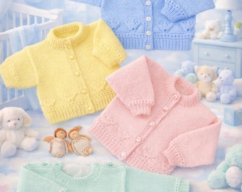 Boys’ and Girls’ Baby Jacket Cardigan – easy-knit sweaters in 8-ply DK, sized 12" to 22" – Knitting Pattern PDF Download.