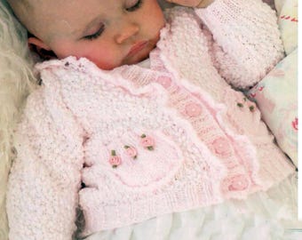 Baby Frilled Rosebud Cardigan Knitting Pattern – With Hat & Pockets (PDF Download)