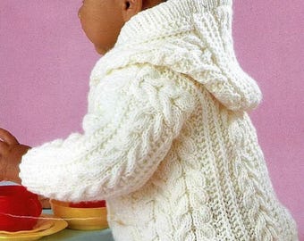Boys girls hooded long cable jacket coat/ cardigan knitting pattern aran 18 - 28 in 3mths - 8 years downloadable pdf