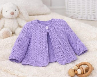 Baby girl's eyelet lacy  garter stitch edge cardigans long short sleeves- fits 16 - 26" chest (0-7 years) download pdf 4ply fingering wool