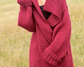Womans ladies easy beginner cardigan coat 32" 42" ~ super chunky/bulky knitting pattern pdf instant download
