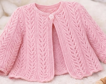 Baby girl's eyelet lacy  garter stitch edge cardigans long short sleeves- fits 16 - 26" chest (0-7 years) download pdf 4ply fingering wool