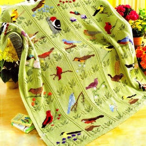 Puede incluir: Una manta de punto verde claro con varios diseños de pájaros coloridos. La manta tiene un patrón texturizado con rayas verticales y pájaros, flores y follaje bordados. La manta está sobre una silla de mimbre.