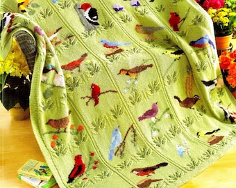 Beautiful bird throw blanket afghan 54" x 62" ~30 birds in duplicate stitch leaf design ~ knitting pattern pdf instant download