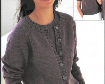 Womens round neck short sleeve raglan sweater top & cardigan- twin set -easy knit 32"-54" in dk 8ply wool knitting pattern pdf download