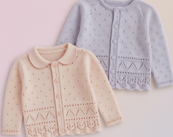 Girls Lacy Eyelet Cardigan Knitting Pattern, Raglan Sleeve (PDF Download)