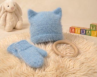 Baby Kitten Hat and Mitts Knitting Pattern – Fuzzy Wuzzy 6-12 Months (PDF Download)