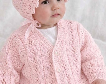 Baby Girls Lacy Cardigan and Bonnet Knitting Pattern (Newborn-6 yrs) – DK 8ply PDF