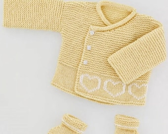 Baby Cardigan Knitting Pattern – Garter Stitch Hearts, Boots, Pants (PDF Download)