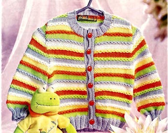 Girls  stripey long sleeved  cardigan jacket 16-24" ~ (0-18 m ) set sleeves dk wool 8ply light worsted knitting pattern pdf instant download