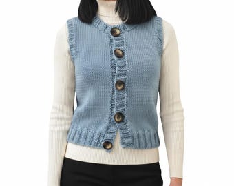 Easy plain womens sweater vest round neck top cap sleeve jumper slipover 30"-62" dk 8 ply light worsted wool knitting pattern pdf download
