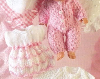 Baby dolls dress bootees all in one jacket bonnet dolls clothes outfit 14 inch doll ~dk 8 ply light worsted knitting pattern pdf download