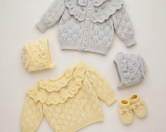 Baby Cardigan Sweater & Hats Knitting Pattern – Cable Frill, Diamond Design (Birth-3 Years) (PDF Download)