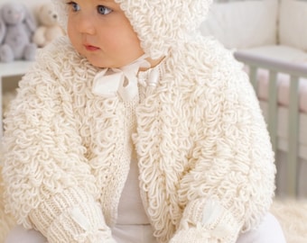 Baby Loopy Cardigan, Jacket, Bootees, Mitts, Hat Knitting Pattern (PDF Download)