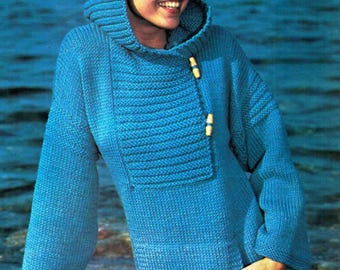 Easy knit plain & ribbed open toggle neck hooded sweater jacket pockets womens 34 - 38" chunky 12 ply wool knitting pattern pdf download