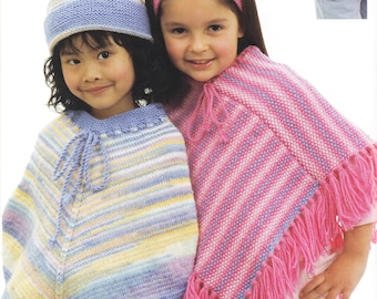 Girl's poncho's beanie hat, headband & fingerless gloves fringed, dk 8ply light worsted wool size 4 - 10 years knitting pattern download pdf