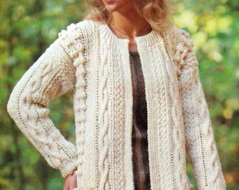 Woman's  winter aran cable jacket edge to edge ~ jacket with pockets 34"~ 40" ~ aran ~ 10 ply wool needed ~ knitting pattern pdf  download