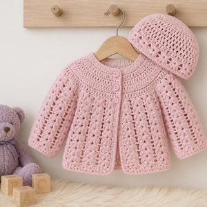 Crochet Hat & Yoked Cardigan Pattern – Girls DK Yarn (Birth - 7 yrs) (Download PDF)
