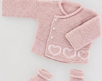 Baby Cardigan Knitting Pattern – Garter Stitch Hearts, Boots, Pants (PDF Download)