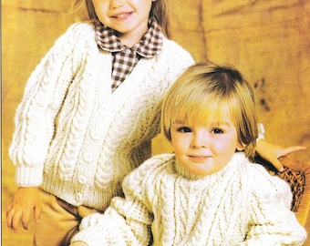 Traditional aran cardigan & crew  neck jumper -boy girl in 10ply  worsted aran wool-  knitting pattern chest 20- 30 " download pdf
