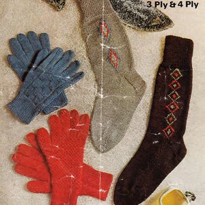 May include: A selection of knitted gloves and socks in different colours. The gloves are blue and red. The socks are brown and beige, each with a diamond pattern. The image has a vintage aesthetic.