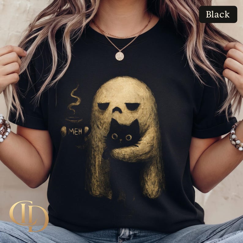 Ghost Cat Shirt, Spooky Black Cat Graphic Tee, Funny Introvert Halloween Coffee Lover Gift image 1