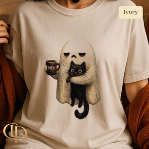 Ghost Cat Shirt, Spooky Black Cat Graphic Tee, Funny Introvert Halloween Coffee Lover Gift image 2
