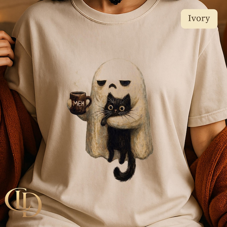 Ghost Cat Shirt, Spooky Black Cat Graphic Tee, Funny Introvert Halloween Coffee Lover Gift image 2