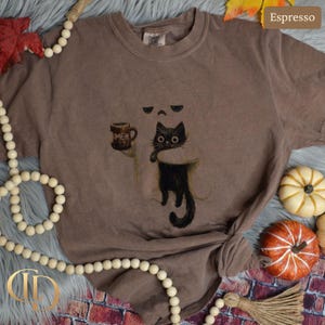 Ghost Cat Shirt, Spooky Black Cat Graphic Tee, Funny Introvert Halloween Coffee Lover Gift image 4